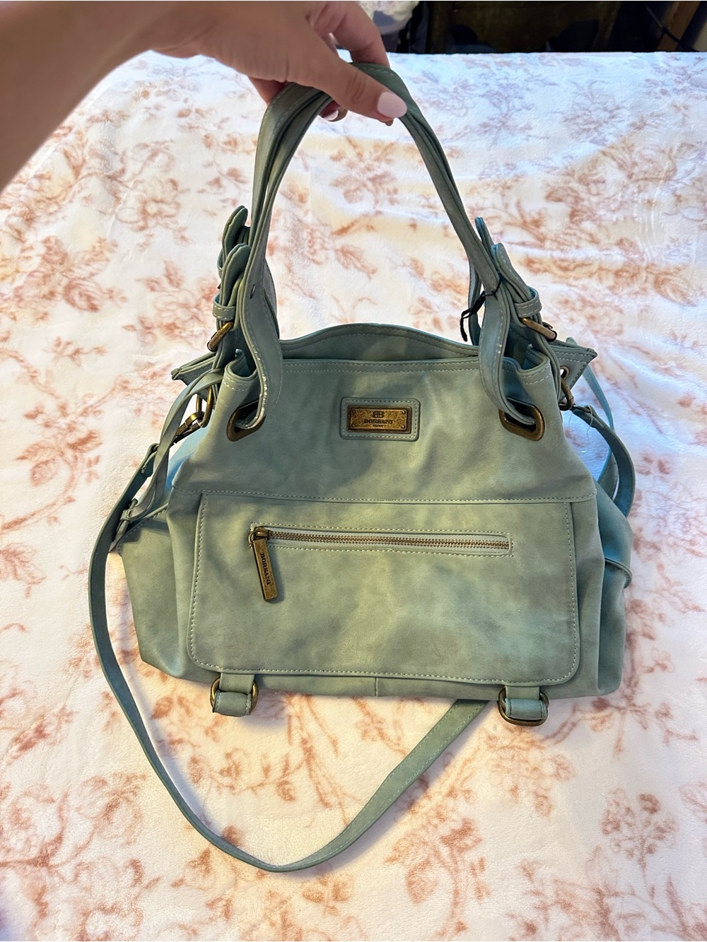 Women’s Light Aqua Tote Handbag with Front Zip Pocket